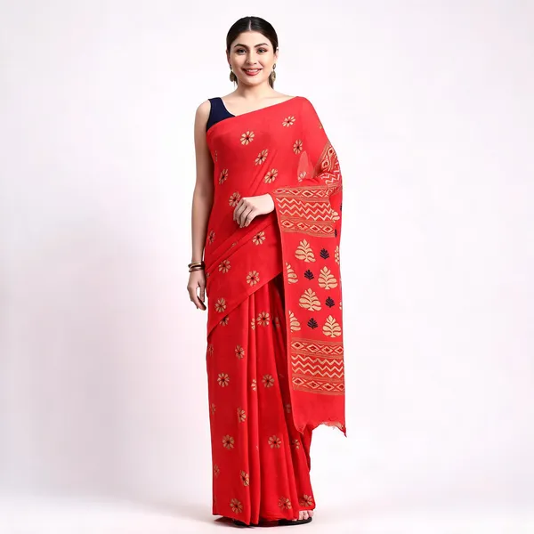 Red_Cotton_Silk_Handloom_Saree_With_Blouse_Piece_For_Women
