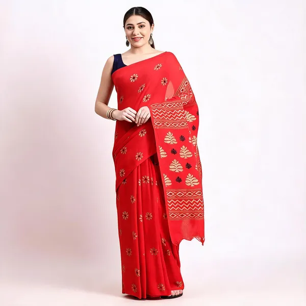 Red_Cotton_Silk_Handloom_Saree_With_Blouse_Piece_For_Women