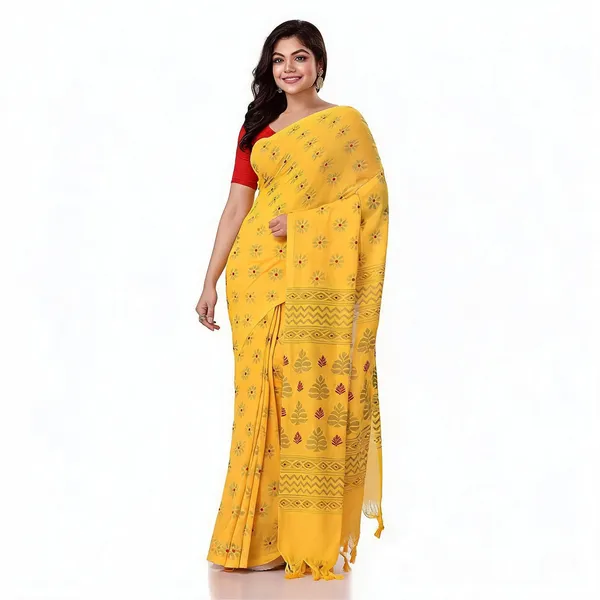 Yellow_Cotton_Handloom_Floral_Woven_Saree_With_Blouse_Piece_For_Women