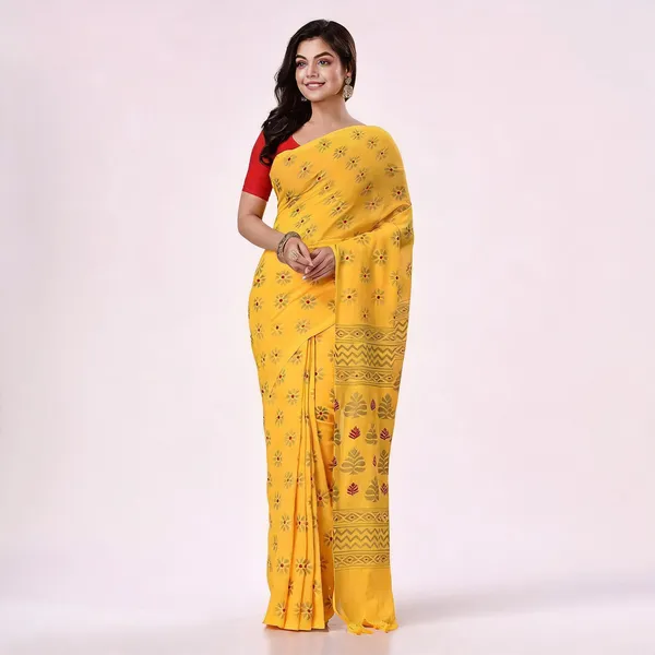Yellow_Cotton_Handloom_Floral_Woven_Saree_With_Blouse_Piece_For_Women