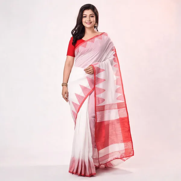 Red_White_Cotton_Tant_Handloom_Woven_Saree_With_Blouse_Piece_For_Women
