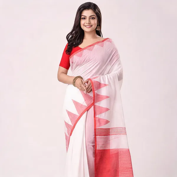 Red_White_Cotton_Tant_Handloom_Woven_Saree_With_Blouse_Piece_For_Women