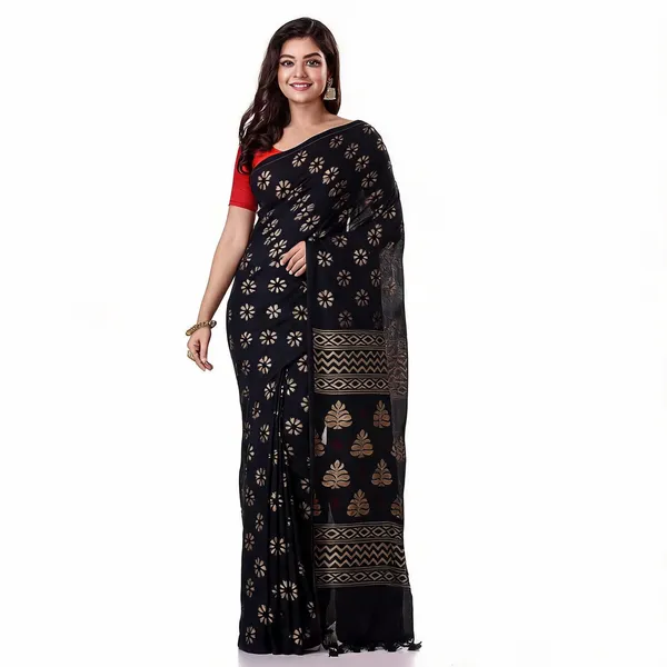 Black_Cotton_Handloom_Traditional_Saree_With_Blouse_For_Women
