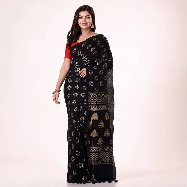 Black_Cotton_Handloom_Traditional_Saree_With_Blouse_For_Women