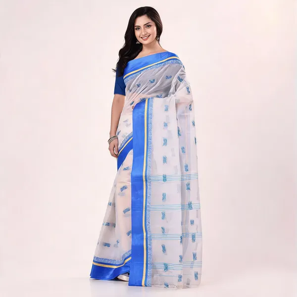 Blue_White_Cotton_Handloom_Velvet_Border_Woven_Saree_For_Women