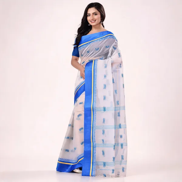 Blue_White_Cotton_Handloom_Velvet_Border_Woven_Saree_For_Women