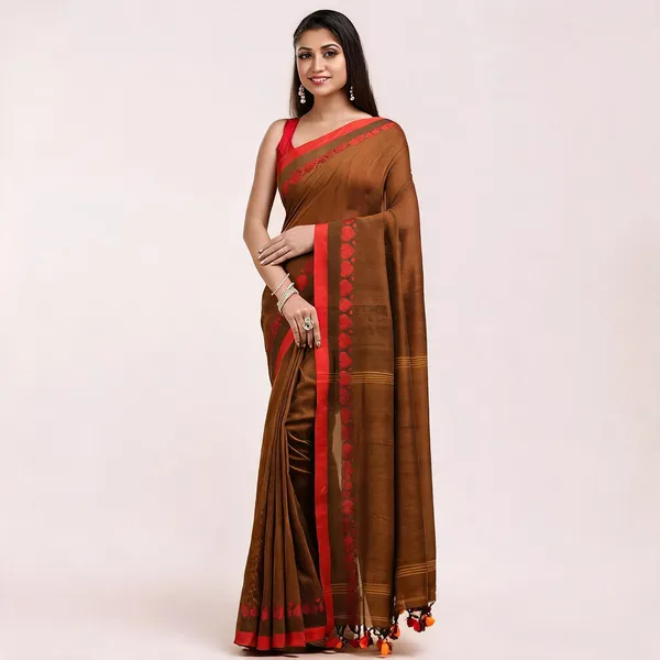 Brown_Cotton_Woven_Floral_Saree_With_Blouse_Piece_For_Women