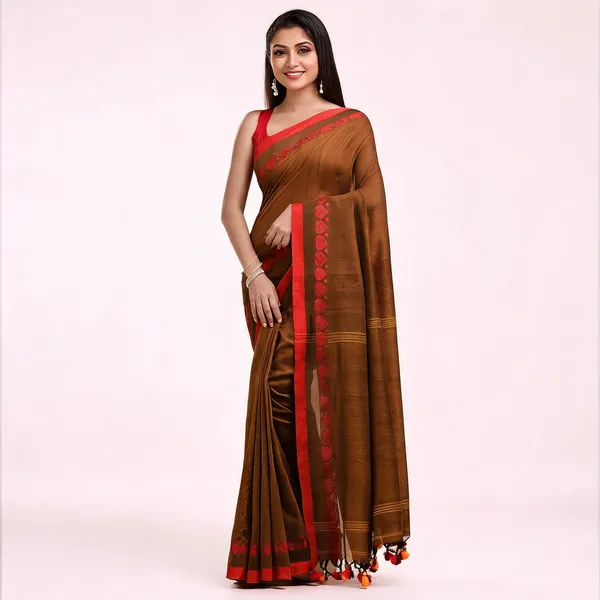 Brown_Cotton_Woven_Floral_Saree_With_Blouse_Piece_For_Women