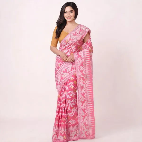 Pink_Cotton_Woven_Dhakai_Jamdani_Resham_Saree_For_Women