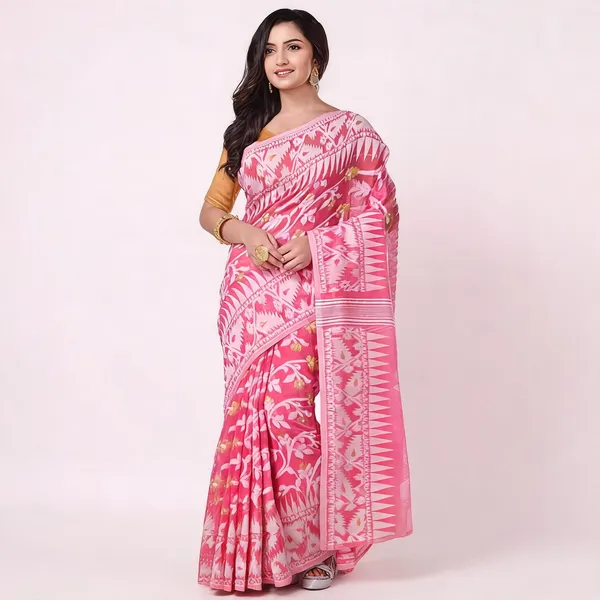 Pink_Cotton_Woven_Dhakai_Jamdani_Resham_Saree_For_Women