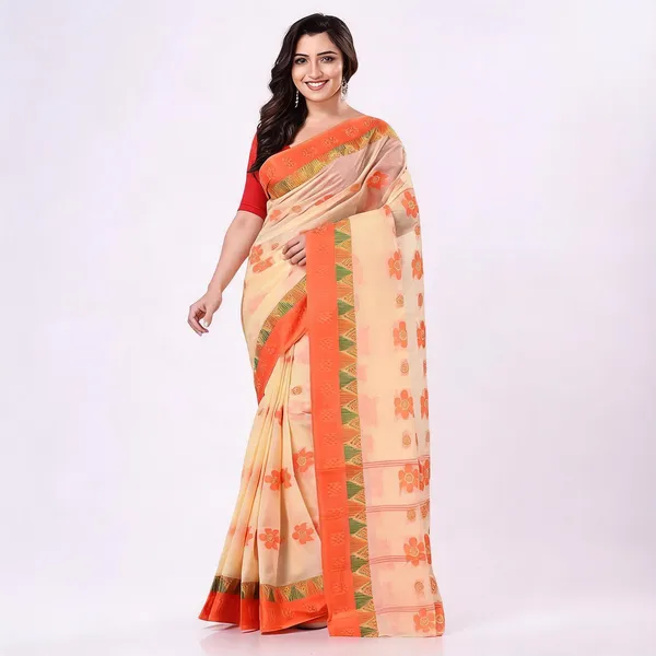 Orange_Cotton_Bengal_Handloom_Woven_Saree_For_Women