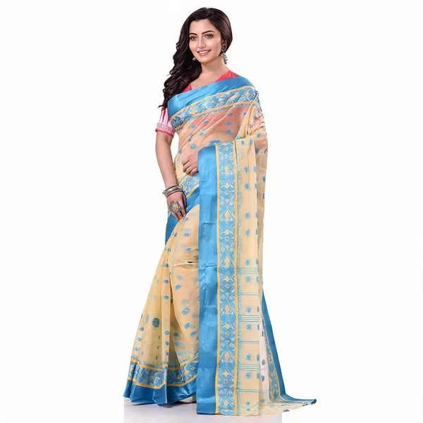 Cream_Blue_Cotton_Handloom_Phulkoli_Woven_Saree_For_Women