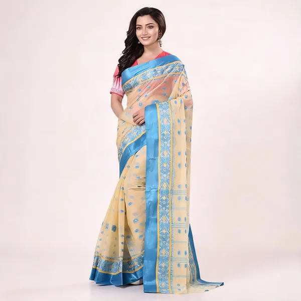 Cream_Blue_Cotton_Handloom_Phulkoli_Woven_Saree_For_Women