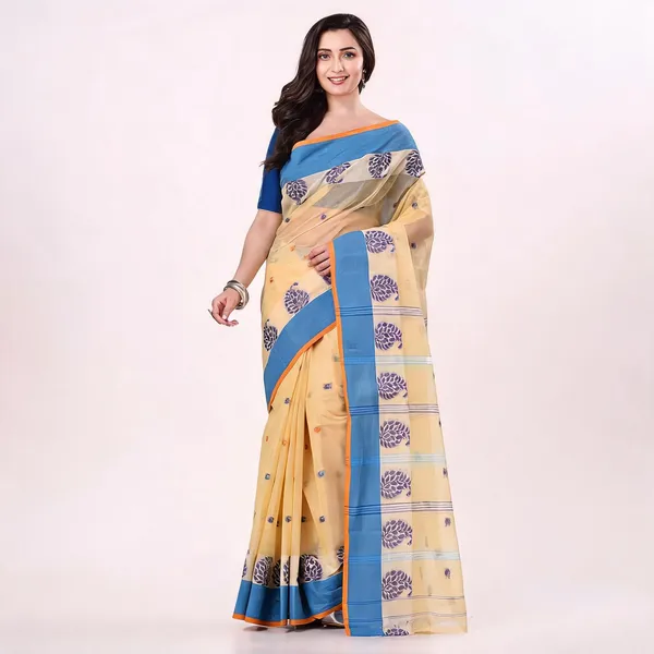 Cream_Blue_Cotton_Handloom_Woven_Tant_Saree_For_Women