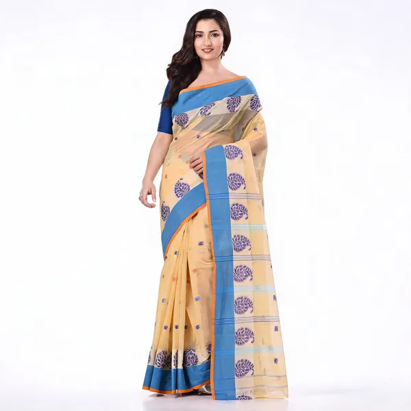 Cream_Blue_Cotton_Handloom_Woven_Tant_Saree_For_Women