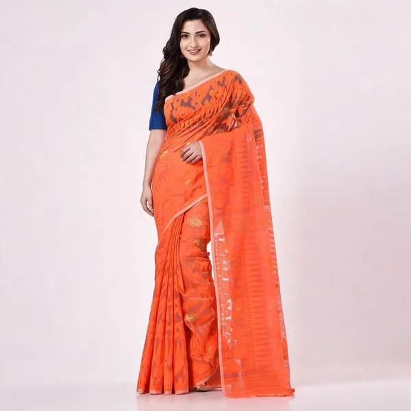 Orange_Cotton_Handloom_Jamdani_Traditional_Saree_For_Women