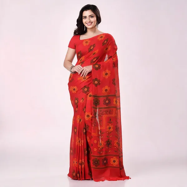 Red_Cotton_Printed_Floral_Saree_For_Women