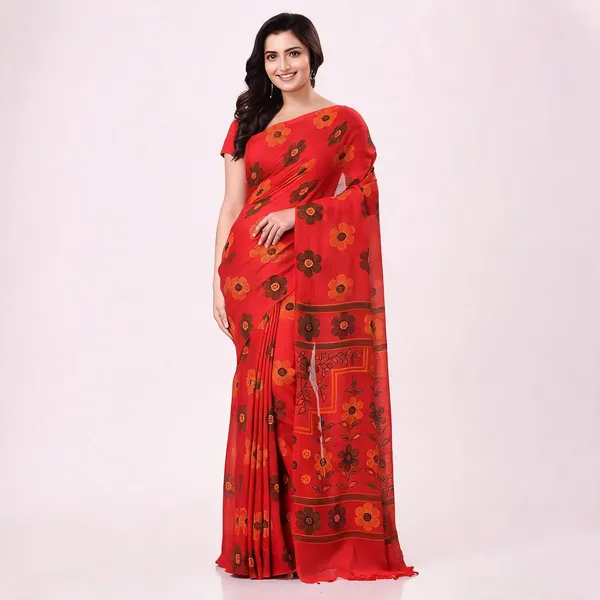 Red_Cotton_Printed_Floral_Saree_For_Women