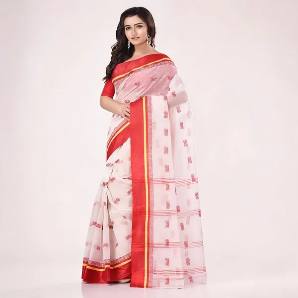 Red_White_Cotton_Bengali_Handloom_Woven_Tant_Saree_For_Women