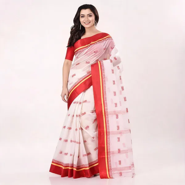Red_White_Cotton_Bengali_Handloom_Woven_Tant_Saree_For_Women