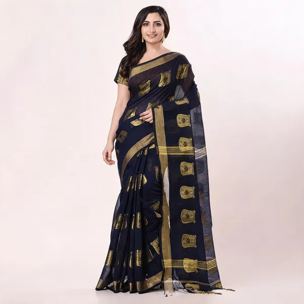 Prussian_Blue_Cotton_Blend_Handloom_Bengal_Tant_Saree_For_Women