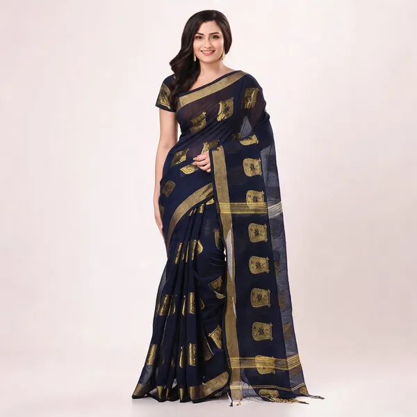 Prussian_Blue_Cotton_Blend_Handloom_Bengal_Tant_Saree_For_Women