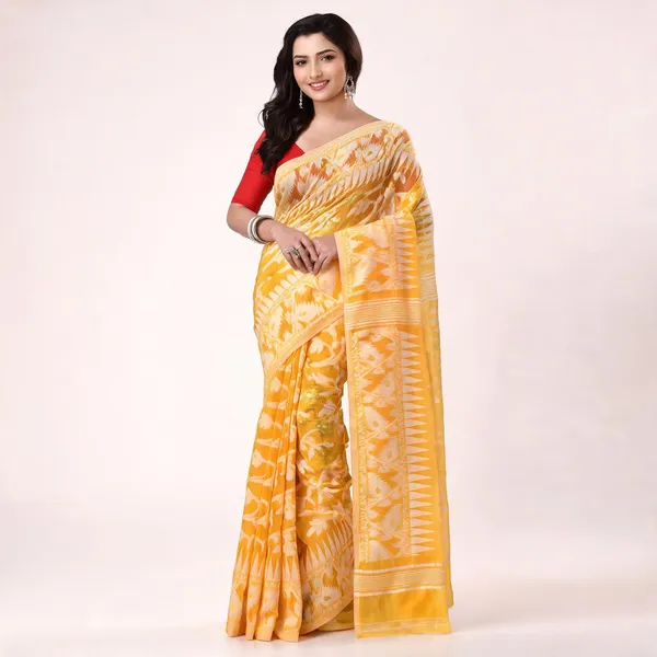Yellow_Cotton_Blend_Handloom_Jamdani_Traditional_Saree_For_Women