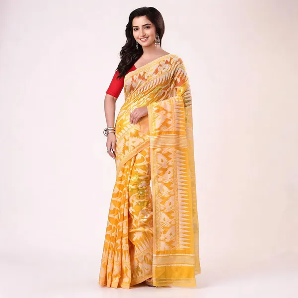 Yellow_Cotton_Blend_Handloom_Jamdani_Traditional_Saree_For_Women