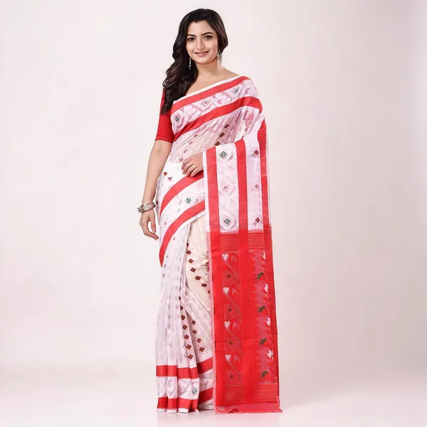White_Red_Cotton_Dhakai_Jamdani_Handloom_Woven_Saree_For_Women
