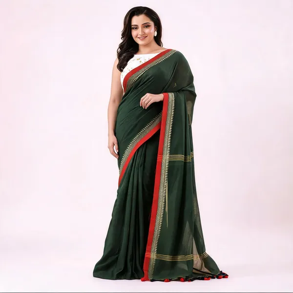 Dark_Green_Cotton_Handloom_Woven_Saree_With_Blouse_Piece_For_Women