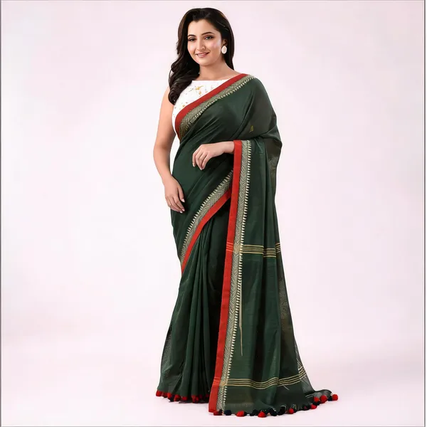 Dark_Green_Cotton_Handloom_Woven_Saree_With_Blouse_Piece_For_Women