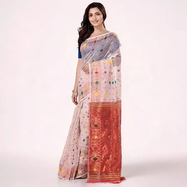 White_Brown_Cotton_Blend_Handloom_Jamdani_Saree_With_Blouse_For_Women