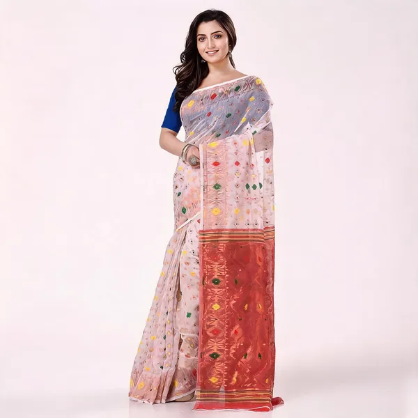 White_Brown_Cotton_Blend_Handloom_Jamdani_Saree_With_Blouse_For_Women