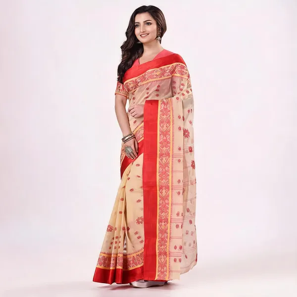 Cream_Red_Cotton_Handloom_Phulkoli_Woven_Saree_With_Blouse_For_Women