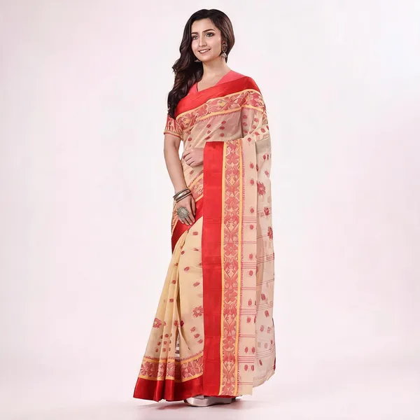 Cream_Red_Cotton_Handloom_Phulkoli_Woven_Saree_With_Blouse_For_Women