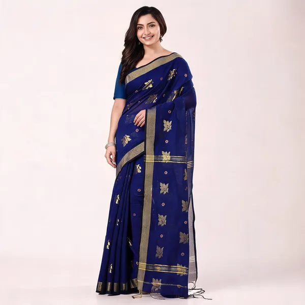 Deep_Blue_Cotton_Silk_Handloom_Floral_Saree_For_Women