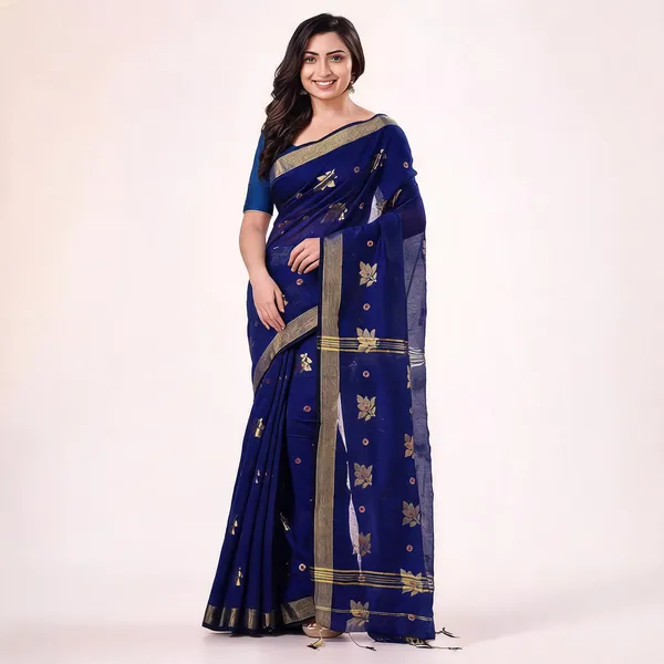 Deep_Blue_Cotton_Silk_Handloom_Floral_Saree_For_Women