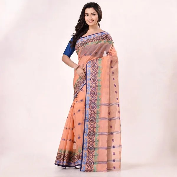 Peach_Cotton_Handloom_Woven_Bengal_Tant_Saree_For_Women