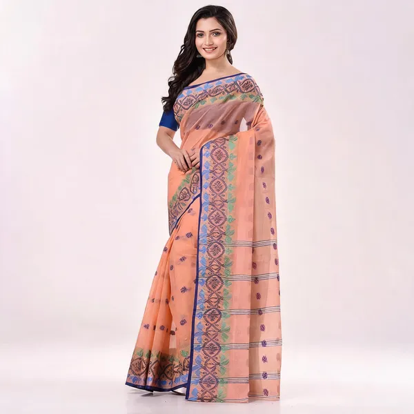 Peach_Cotton_Handloom_Woven_Bengal_Tant_Saree_For_Women