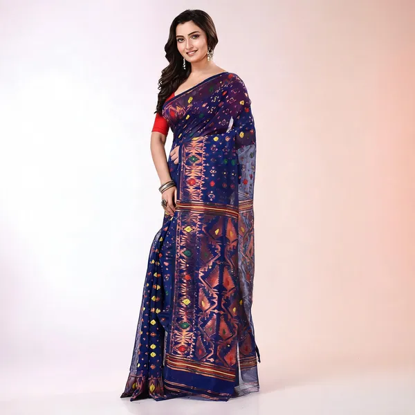 Deep_Blue_Cotton_Blend_Handloom_Jamdani_Saree_For_Women