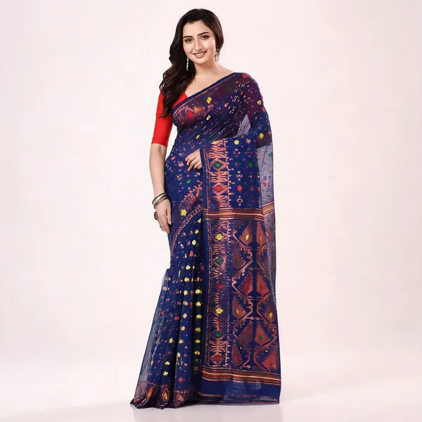 Deep_Blue_Cotton_Blend_Handloom_Jamdani_Saree_For_Women
