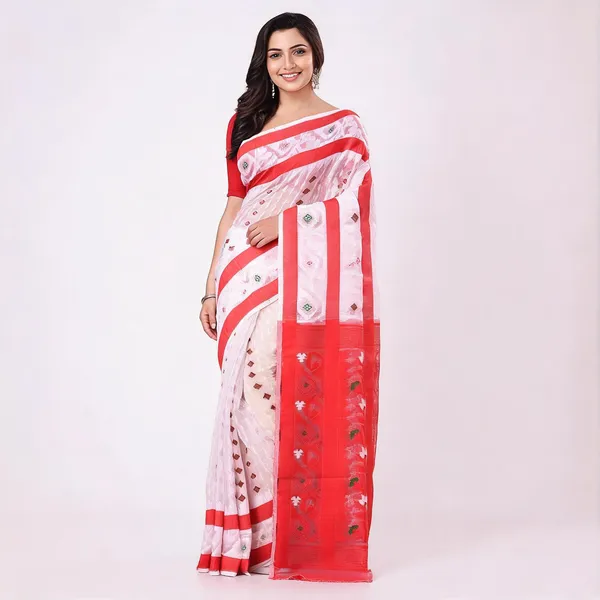 White_Red_Cotton_Dhakai_Jamdani_Handloom_Saree_For_Women