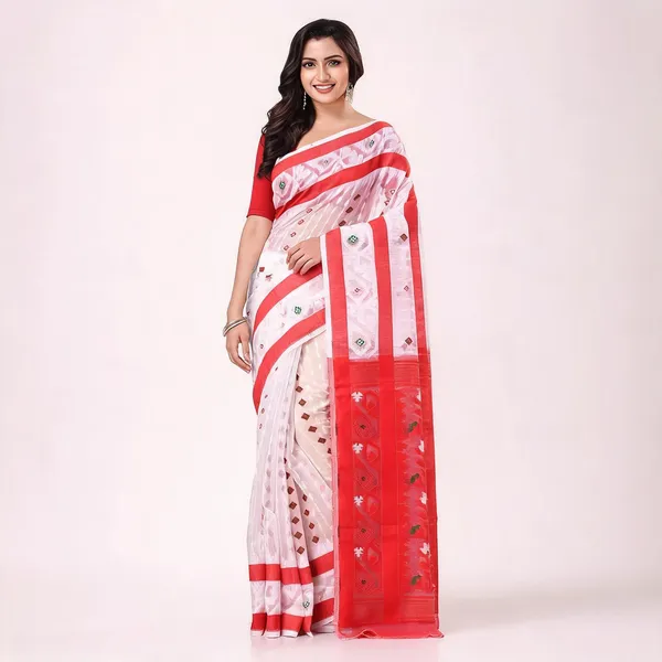White_Red_Cotton_Dhakai_Jamdani_Handloom_Saree_For_Women