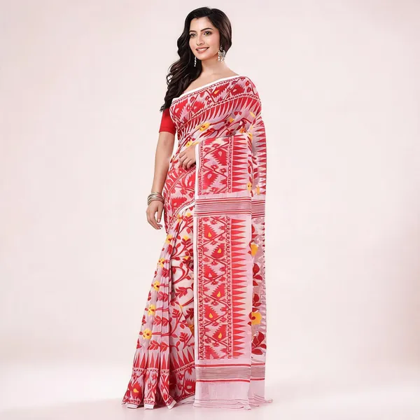 Red_Cotton_Blend_Handloom_Jamdani_Paisley_Saree_For_Women