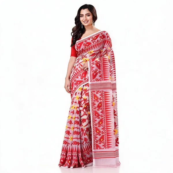 Red_Cotton_Blend_Handloom_Jamdani_Paisley_Saree_For_Women