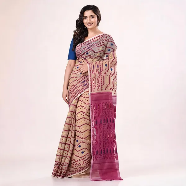 Cream_Purple_Cotton_Blend_Woven_Dhakai_Jamdani_Saree_For_Women