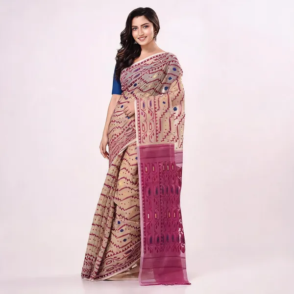 Cream_Purple_Cotton_Blend_Woven_Dhakai_Jamdani_Saree_For_Women