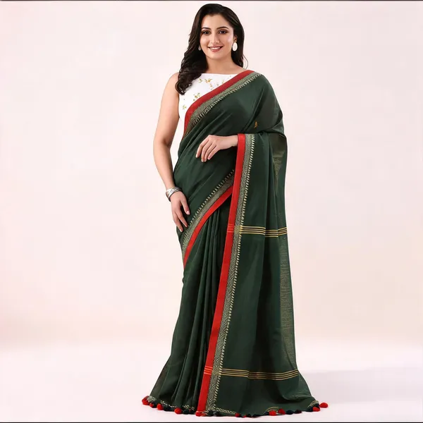 Dark_Green_Cotton_Handloom_Woven_Saree_With_Blouse_Piece_For_Women