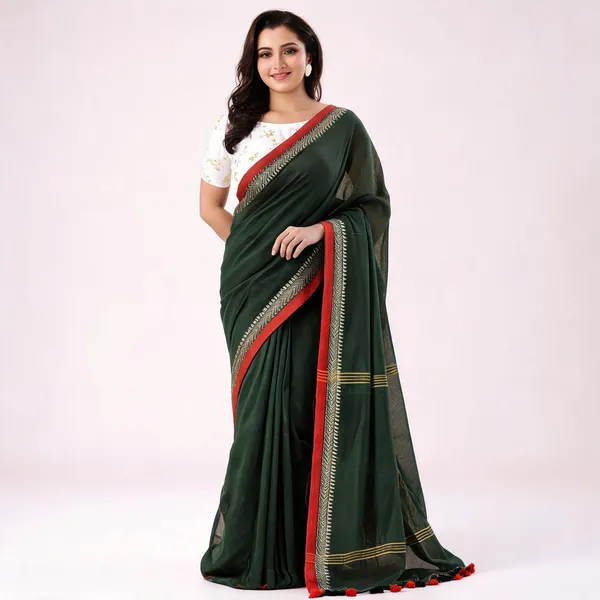 Dark_Green_Cotton_Handloom_Woven_Saree_With_Blouse_Piece_For_Women