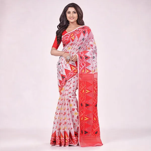 White_Red_Cotton_Woven_Dhakai_Jamdani_Floral_Saree_For_Women